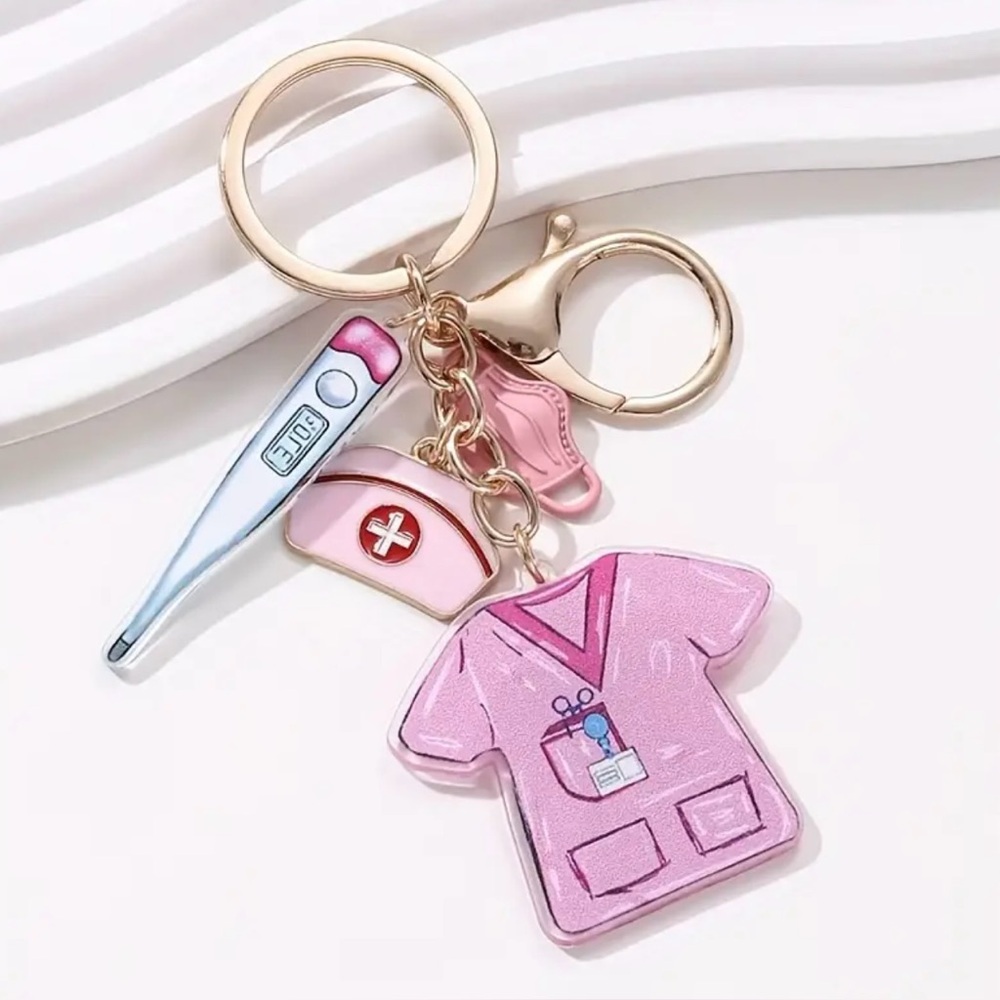 New! 1pc Pink & White Alloy Nurse & Doctor Themed Ladies Key Chain Ring Buckle